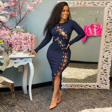 Plus Size Ribbed Hollow Out Bandage Midi Dress OSIF-21432