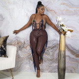 Plus Size Tassel Halter Bra Top+PU Leather Pants 2 Piece Sets OSIF-21480