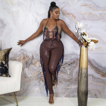 Plus Size Tassel Halter Bra Top+PU Leather Pants 2 Piece Sets OSIF-21480