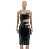 Plus Size PU Leather Hollow Out Split Bodycon Dress OSIF-21481