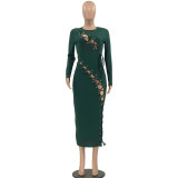 Plus Size Ribbed Hollow Out Bandage Midi Dress OSIF-21432