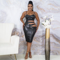 Plus Size PU Leather Hollow Out Split Bodycon Dress OSIF-21481