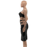 Plus Size PU Leather Hollow Out Split Bodycon Dress OSIF-21481
