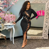 Plus Size Ribbed Hollow Out Bandage Midi Dress OSIF-21432