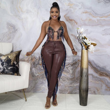 Plus Size Tassel Halter Bra Top+PU Leather Pants 2 Piece Sets OSIF-21480