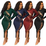 Plus Size Ribbed Hollow Out Bandage Midi Dress OSIF-21432
