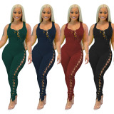 Plus Size Solid Sleeveless Bandage Jumpsuit OSIF-21433