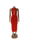 Letter Print Halter Backless Long Dress ZDF-31185