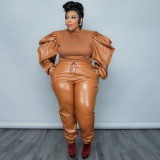 Plus Size Long Sleeve Two Piece Pants Set OSIF-21425