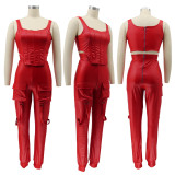 PU Leather Sleeveless Two Piece Pants Set SFY-2156