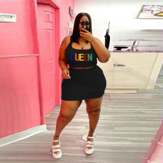 Plus Size Letter Print Tank Top Mini Skirt 2 Piece Sets WAF-21168