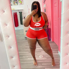 Plus Size Pink Letter Tank Top And Shorts Set WAF-18169