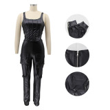 PU Leather Sleeveless Two Piece Pants Set SFY-2156