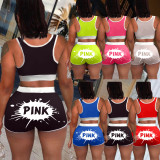 Plus Size Pink Letter Tank Top And Shorts Set WAF-18169