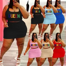 Plus Size Letter Print Tank Top Mini Skirt 2 Piece Sets WAF-21168