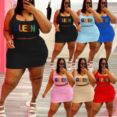 Plus Size Letter Print Tank Top Mini Skirt 2 Piece Sets WAF-21168