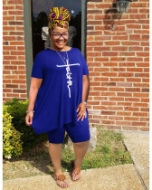 Plus Size Letter Print T Shirt And Shorts 2 Piece Sets WAF-74161