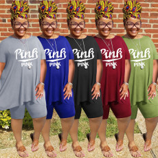 Plus Size Pink Letter T Shirt And Shorts 2 Piece Sets WAF-74162