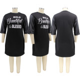Plus Size Letter Print Patchwork Casual T Shirt Dress HNIF-011