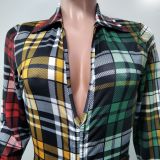 Plaid Deep V Neck Drawstring Long Sleeve Mini Dress XMY-9349