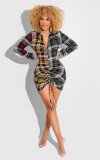 Plaid Deep V Neck Drawstring Long Sleeve Mini Dress XMY-9349