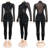 Black Sexy Mesh Perspective Long Sleeve 2 Piece Sets NY-2299