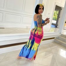 Tie Dye Print Off Shoulder Split Maxi Tube Dress ZDF-31186