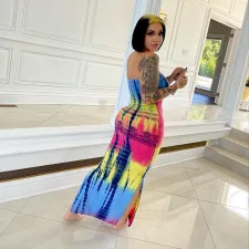 Tie Dye Print Off Shoulder Split Maxi Tube Dress ZDF-31186