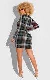 Plaid Deep V Neck Drawstring Long Sleeve Mini Dress XMY-9349