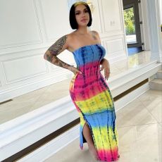 Tie Dye Print Off Shoulder Split Maxi Tube Dress ZDF-31186