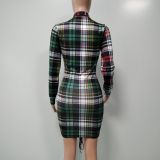 Plaid Deep V Neck Drawstring Long Sleeve Mini Dress XMY-9349