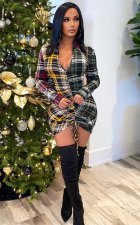 Plaid Deep V Neck Drawstring Long Sleeve Mini Dress XMY-9349