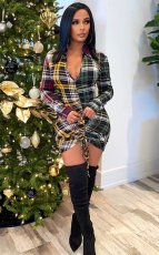 Plaid Deep V Neck Drawstring Long Sleeve Mini Dress XMY-9349