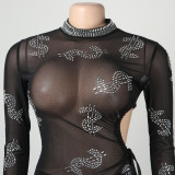 Sexy Hot Drilling Mesh See Through High Split Club Dress NY-2290