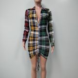 Plaid Deep V Neck Drawstring Long Sleeve Mini Dress XMY-9349