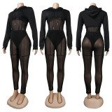 Black Mesh Hooded Long Sleeve Bodysuit+Pants 2 Piece Sets NY-2307