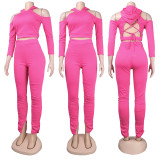 Sexy Hooded Backless Off Shoulder Top And Stacked Pants Set NY-2302