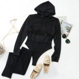 Black Mesh Hooded Long Sleeve Bodysuit+Pants 2 Piece Sets NY-2307