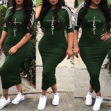 Plus Size Letter Print 3/4 Sleeve Casual Long Dresses YS-8853