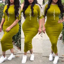 Plus Size Letter Print 3/4 Sleeve Casual Long Dresses YS-8853