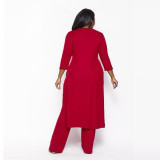 Plus Size Letter Print Split Long Top And Pants Sets NY-2313