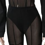 Black Mesh Hooded Long Sleeve Bodysuit+Pants 2 Piece Sets NY-2307