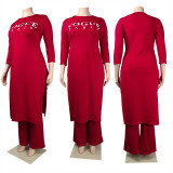 Plus Size Letter Print Split Long Top And Pants Sets NY-2313