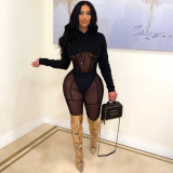 Black Mesh Hooded Long Sleeve Bodysuit+Pants 2 Piece Sets NY-2307