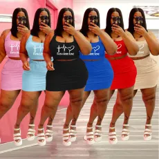 Plus Size Letter Print Tank Top Mini Skirt 2 Piece Sets WAF-721181