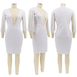 Solid Sexy Tassel Deep V Neck Bodycon Dress HNIF-073