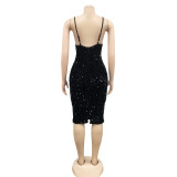 Sexy Sequin V Neck Spaghetti Strap Midi Club Dress BY-5611