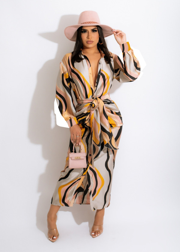 Casual Printed Long Sleeve Sashes Maxi Dress SMR-10828