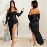 Sexy Solid Off Shoulder Drawstring Split Club Dress BY-5608