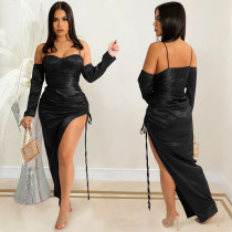 Sexy Solid Off Shoulder Drawstring Split Club Dress BY-5608